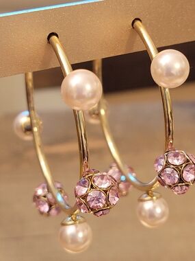 Pearl & Pink Rhinestone Hoops • Better Costume Jewelry • Goldtone • Pierced